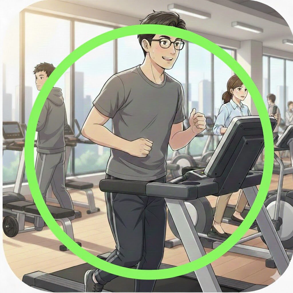 上下スウェットの男性とオフィスカジュアルの女性とジャージの男性がジムで運動している様子