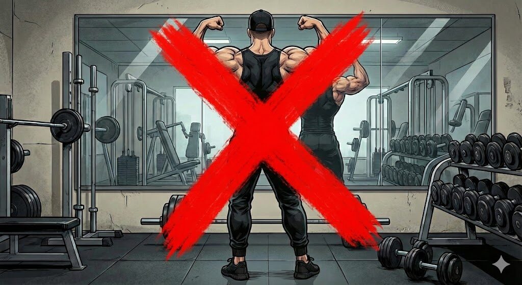 ゴリゴリのマッチョが鏡の前でポーズを決めていることはないと示す画像