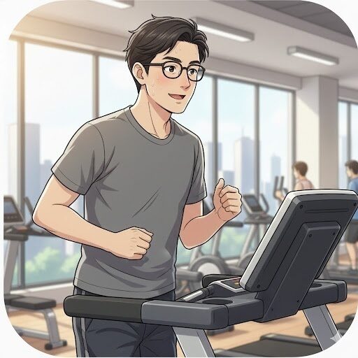 30代男性デスクワーカーがチョコザップ(chocoZAP)のランニングマシン（トレッドミル）でランニングしている画像