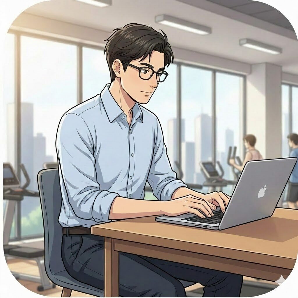 30代男性デスクワーカーがチョコザップ(chocoZAP)のワークスペースでPC作業をしている画像