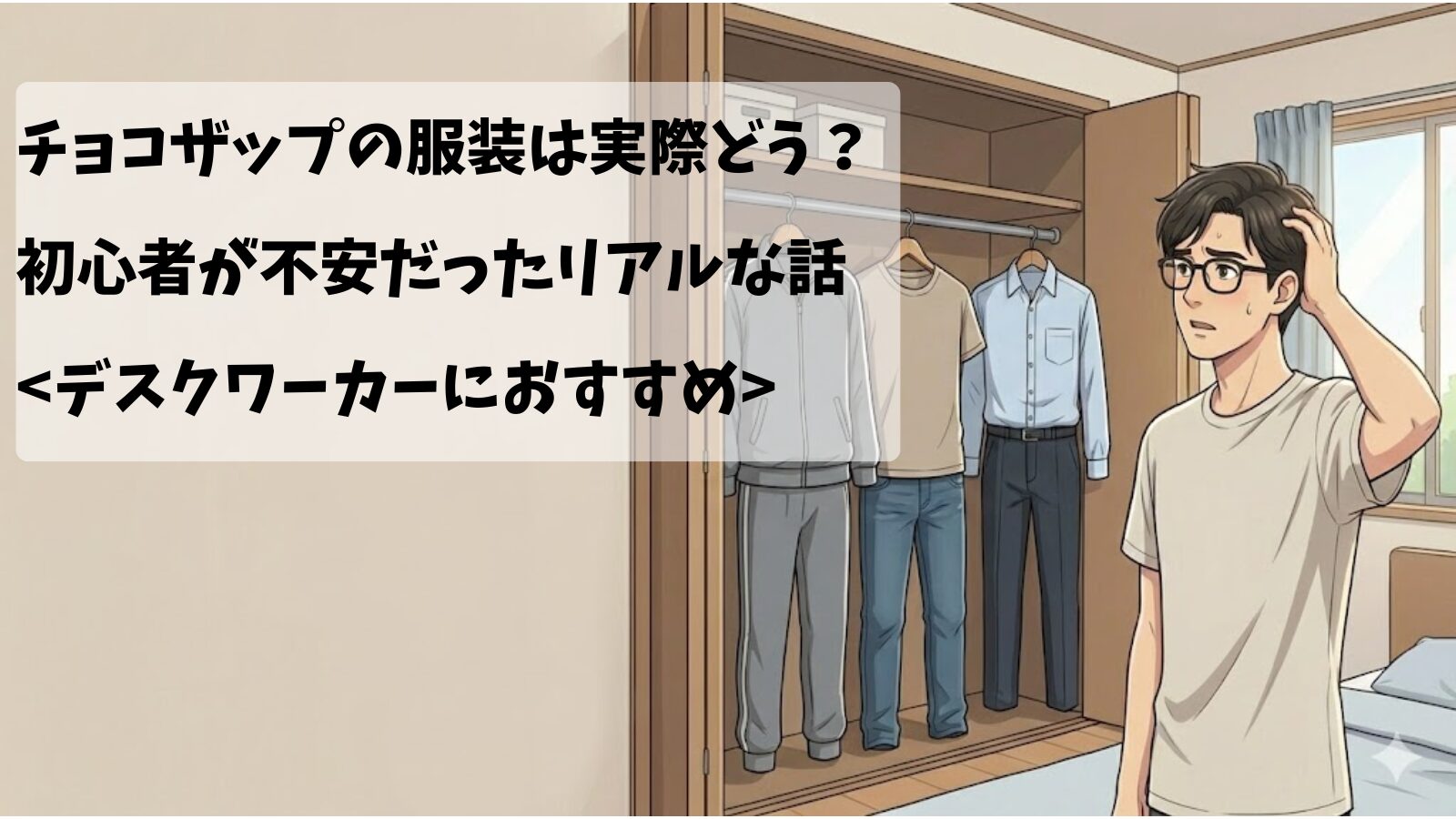 30代男性デスクワーカーがジムに着ていく服装を悩んでいる画像