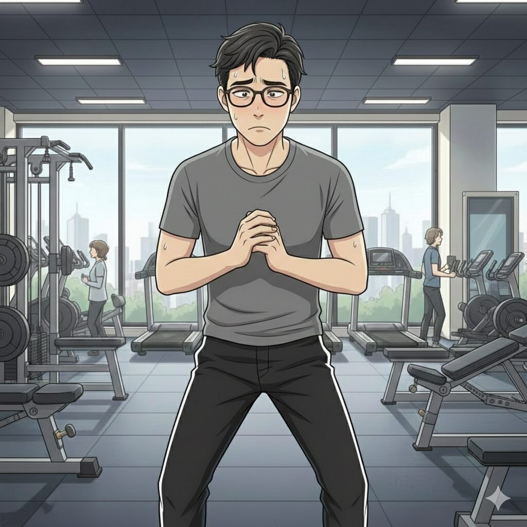 30代男性デスクワーカーが、ジムで緊張している画像
