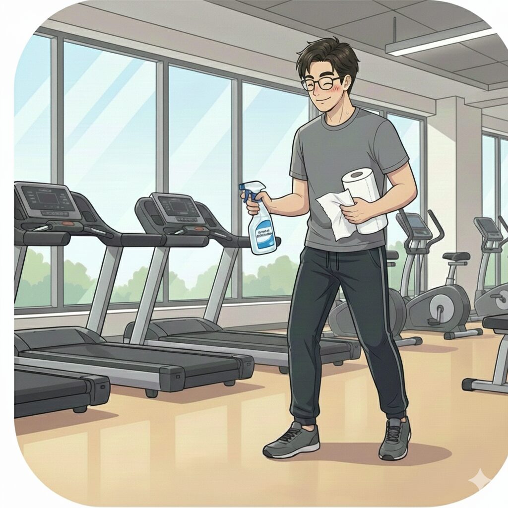 30代男性デスクワーカーがチョコザップ(chocoZAP)の掃除をしている画像