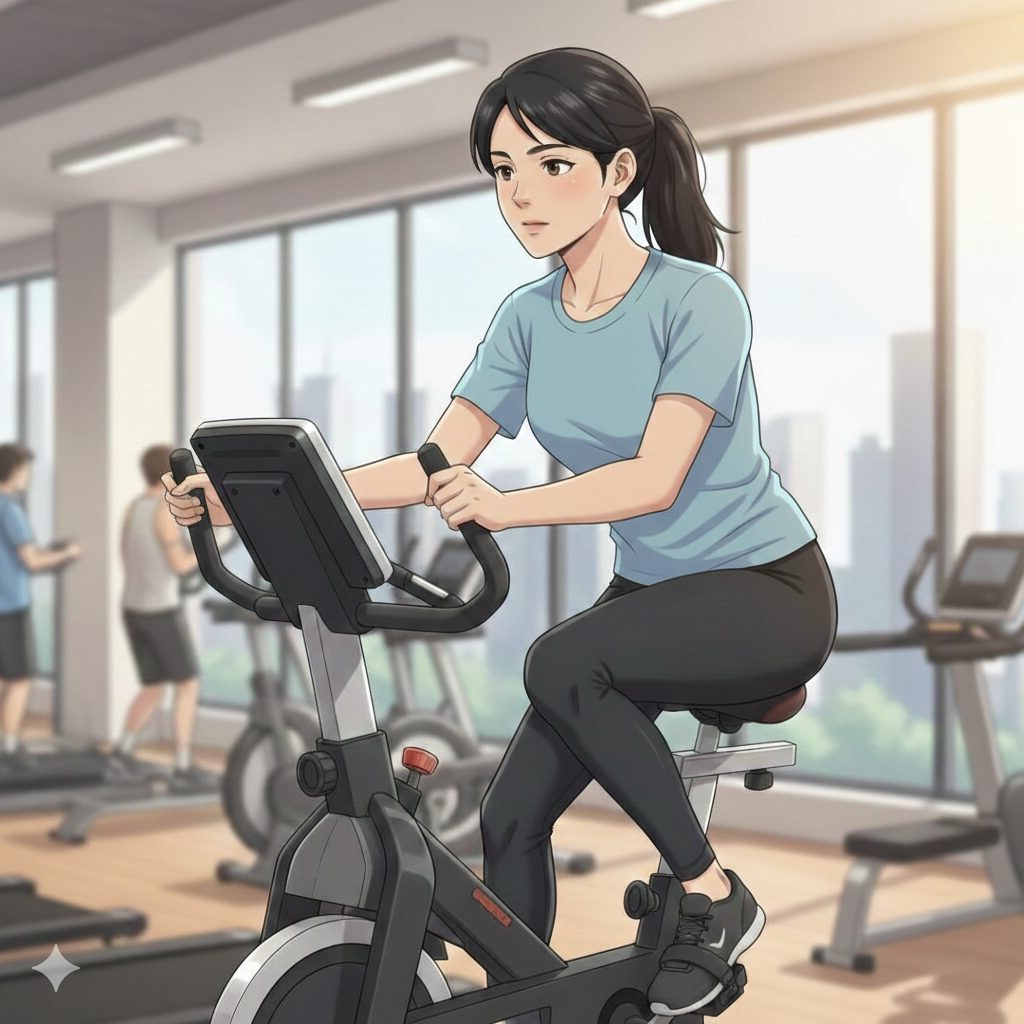 女性がジムでエアロバイクを漕いでいる画像