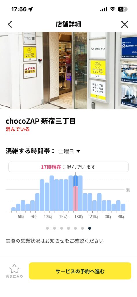 チョコザップ(chocoZAP)アプリの新宿三丁目店の混雑状況を表す画面