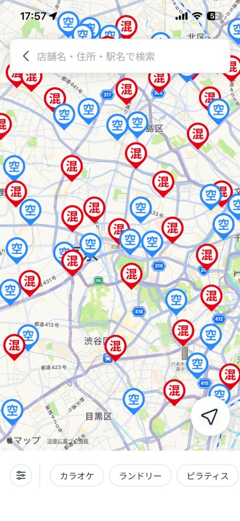 チョコザップ(chocoZAP)アプリで周囲の店舗の混雑状況を表示している画面
