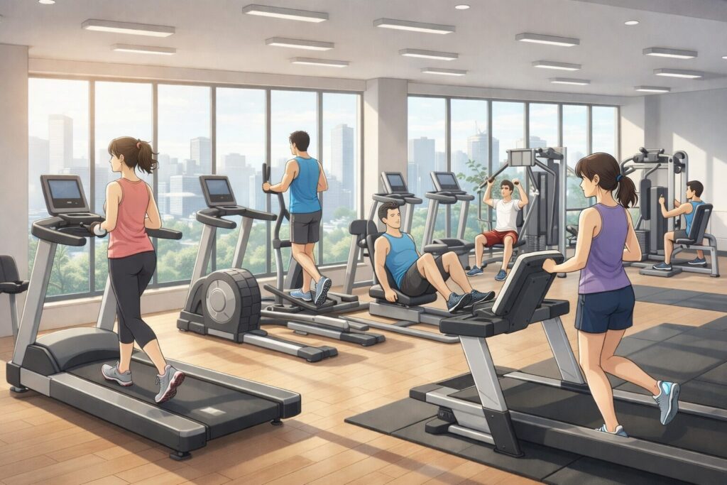 ジムで7人がトレーニングしている画像