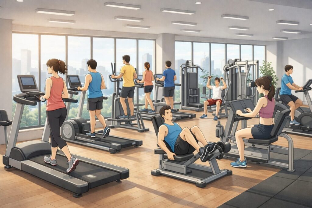 ジムで10人以上がトレーニングしている画像