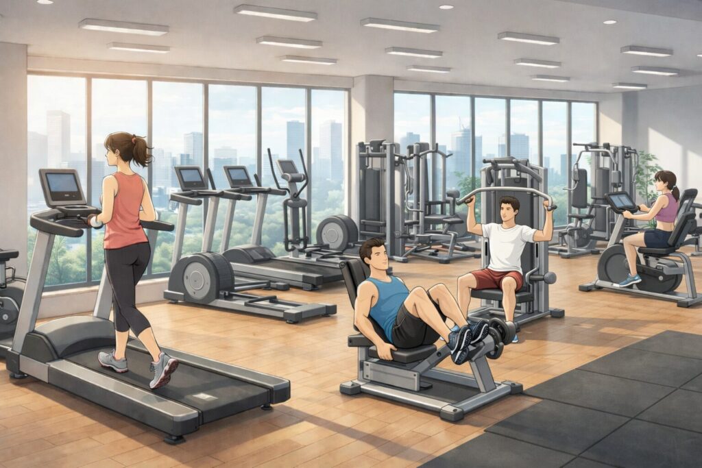 ジムで4人がトレーニングしている画像