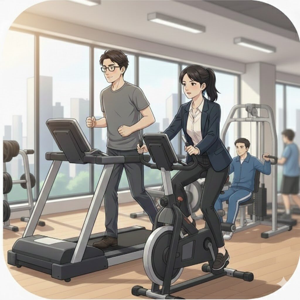 利用者がジムで、私服、オフィスカジュアル、ジャージでそれぞれ運動している画像