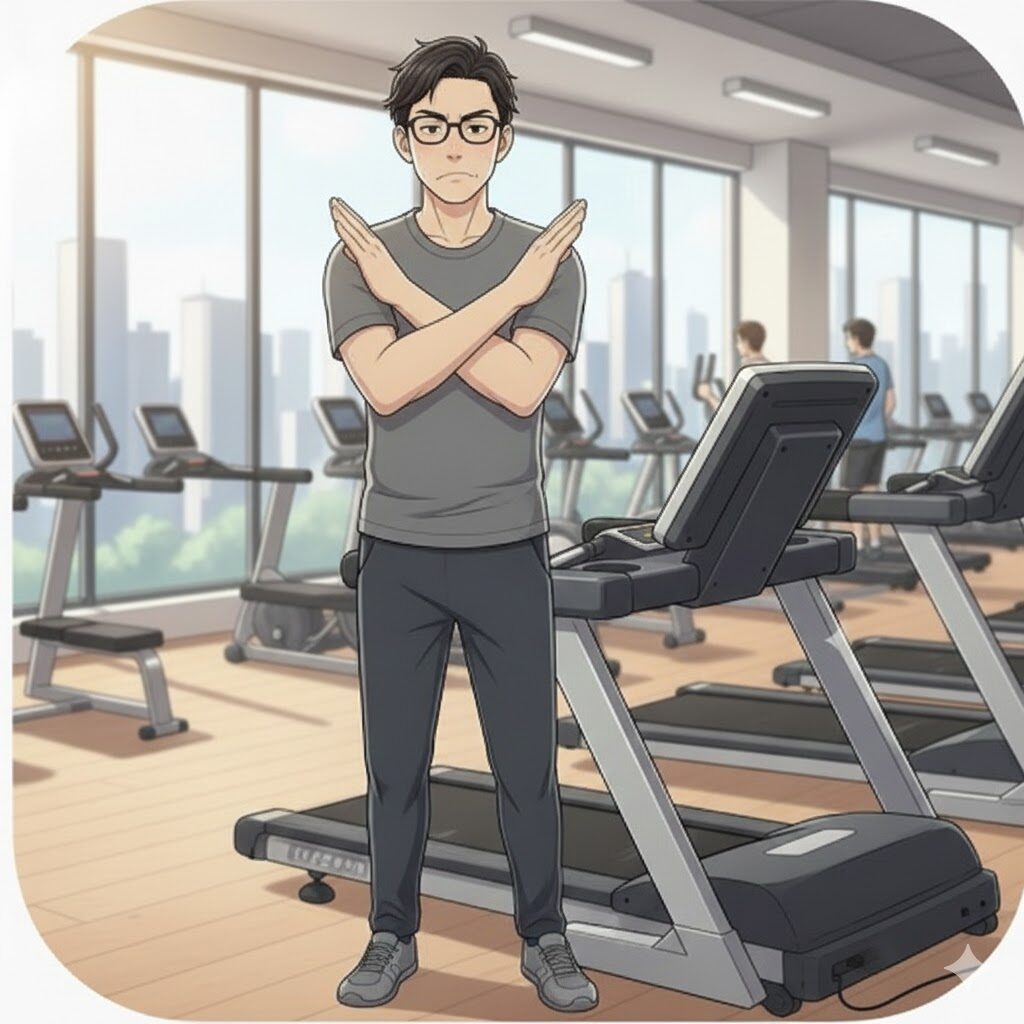 30代男性デスクワーカーが腕で×マークを作っている画像